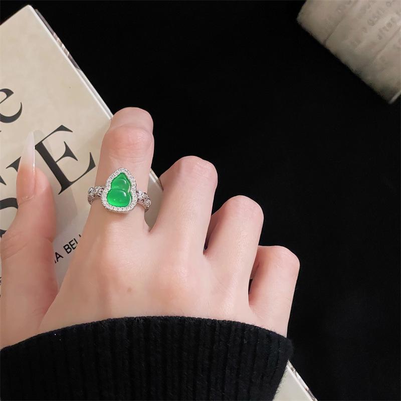 Fashion Full Diamond Zircon Da Mimi Same Open Ring Imitation Chalcedony Gourd Egg Surface Ring Woman