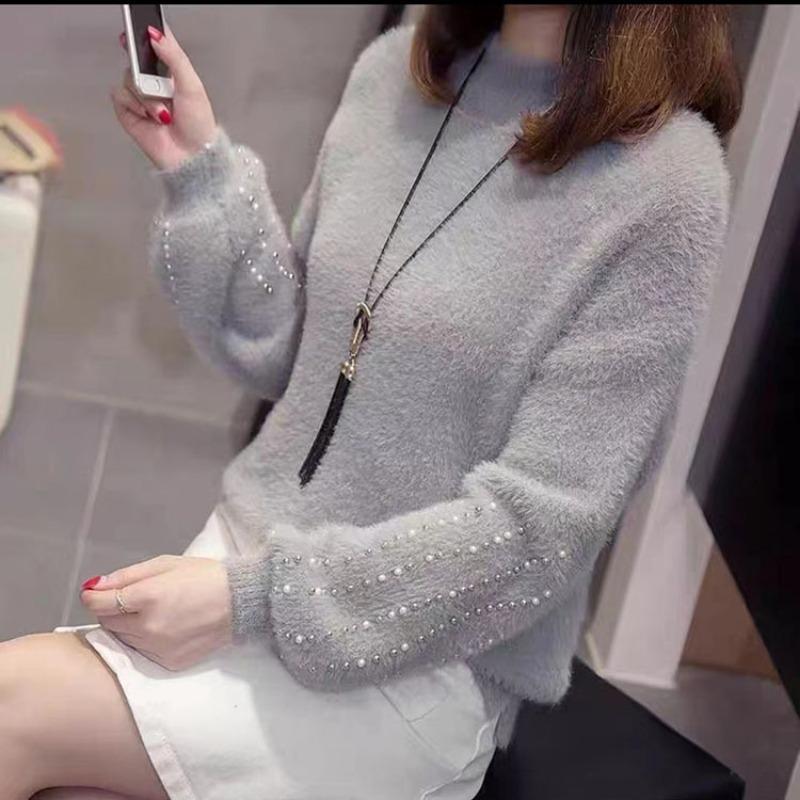 Long Sleeved Sweater for Women In Autumn Winter Simple Pullover Semi High Neck Imitation Mink Fur Gentle Knit Sweater for Women