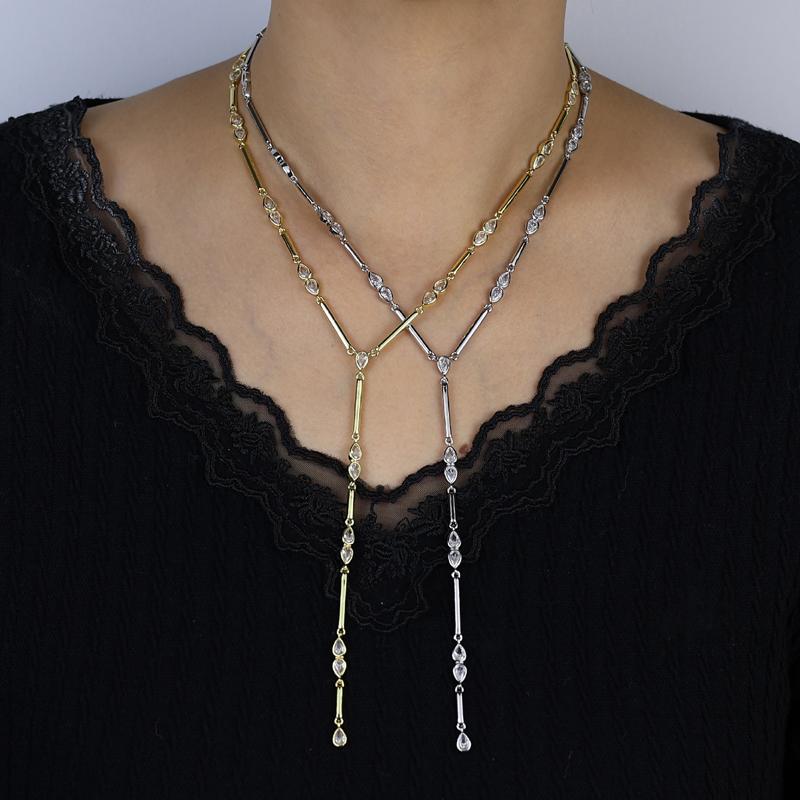 New Special Water Drop Bling Oval CZ Choker Necklace Gold Plated Lariat Long Bar Tear Drop Y Shape Long Tassel Women Jewelry Set