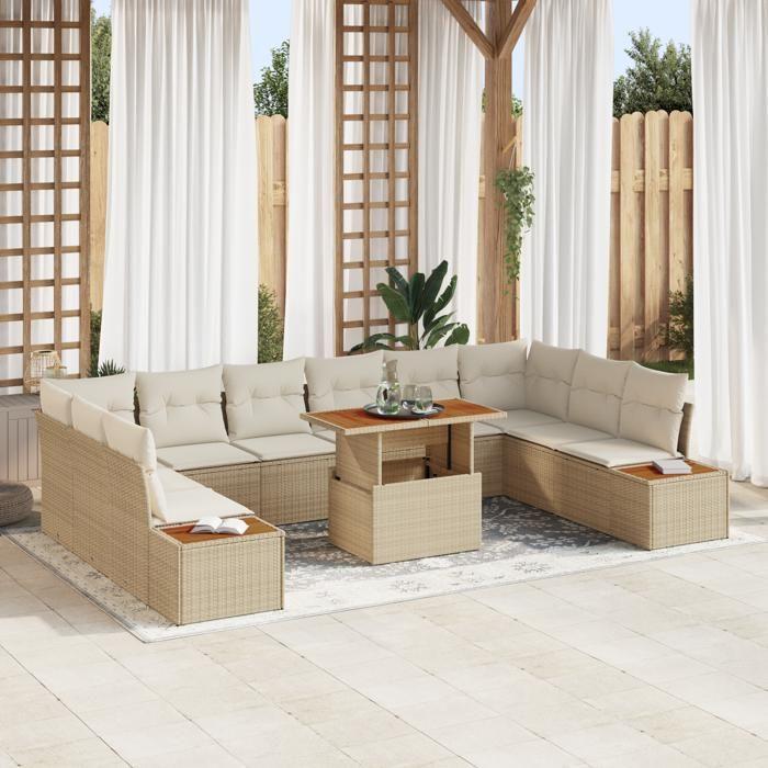 VidaXL Ensemble de Dîner de Jardin 11 Pièces avec Coussins Beige Poly Rotin Acacia 3350108