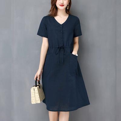 Women's Korean Elegant Loose Simplicity Intellectual Fashion Casual Short Sleeve Pockets Drawstring Dresses