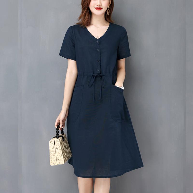 

Женские корейские элегантные свободные простые интеллектуальные модные повседневные платья с коротким рукавом, карманами и кулиской M темно-синий