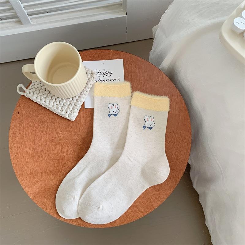 Rabbit Flocked Socks for Women, Sweet and Cartoonish, Cute Mid-calf Socks, Pure Cotton Pile Socks