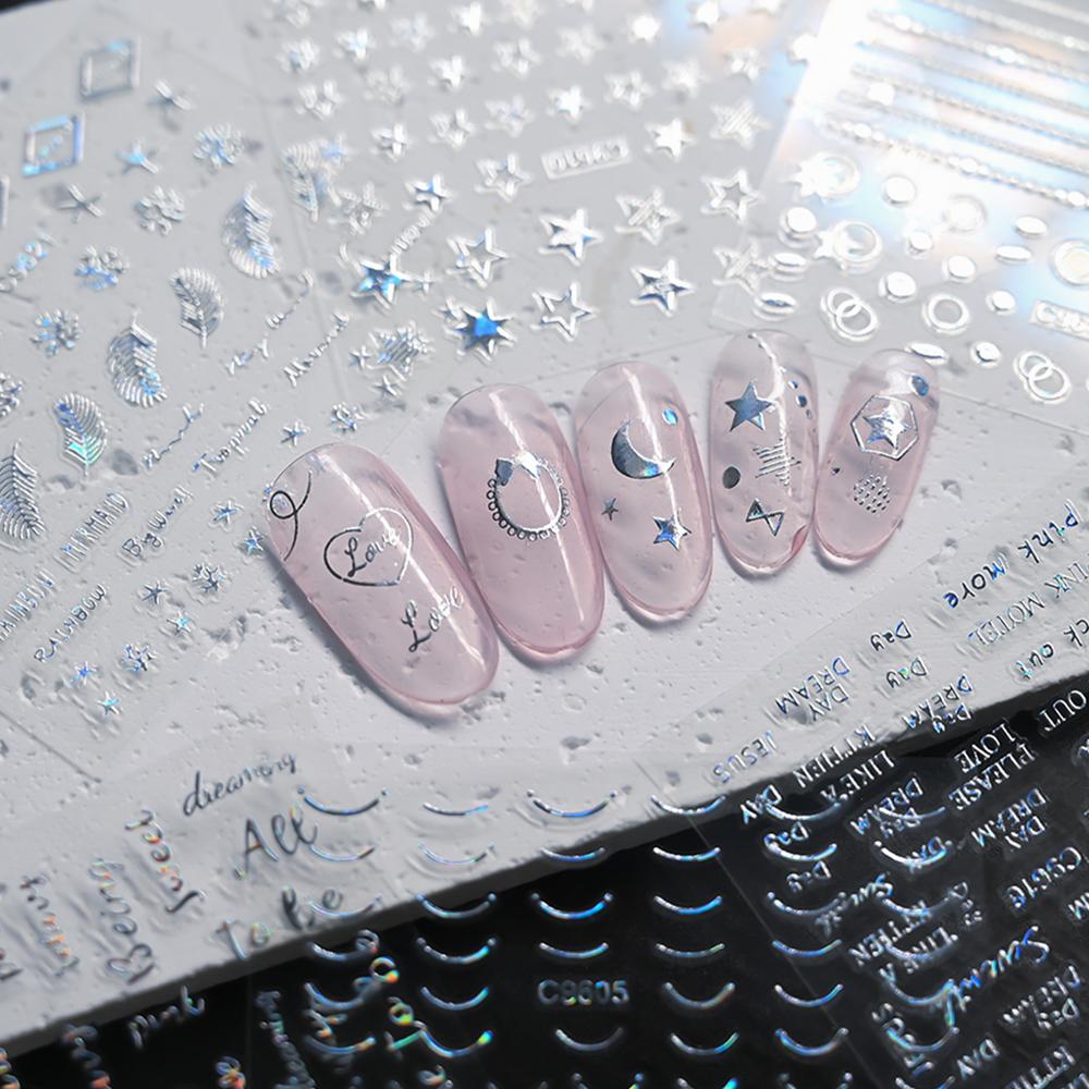 30Sheets Diamond Design Nail Sticker Laser Silver Star Heart Nail Decals 5.5*6.5cm Shiny Adhesive French Line Stripe Nail Slider