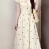 Temperament thin floral long dress summer new printed French bow bubble sleeve waist dress