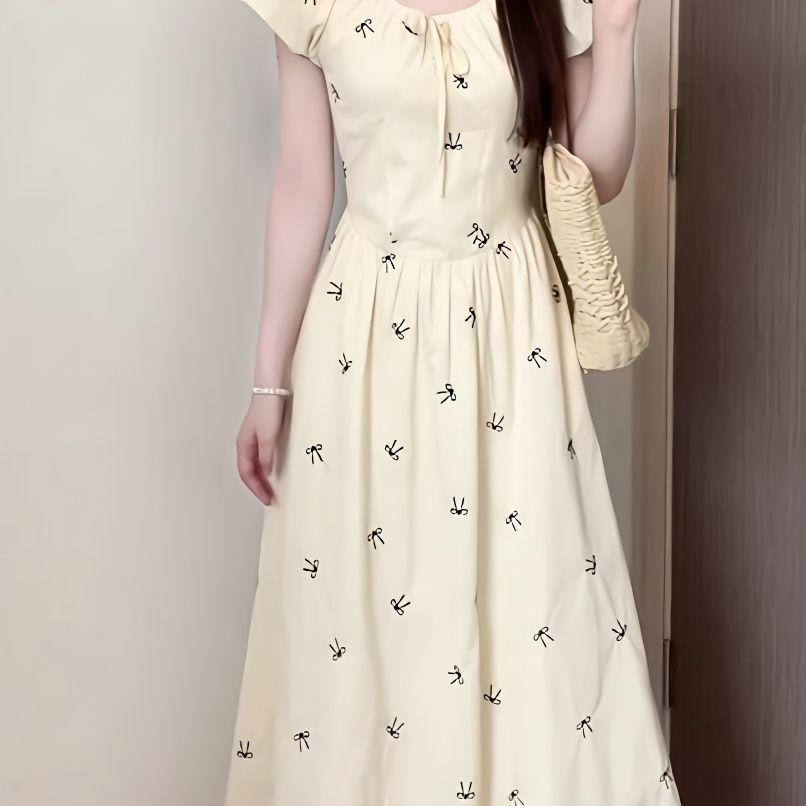 Temperament thin floral long dress summer new printed French bow bubble sleeve waist dress