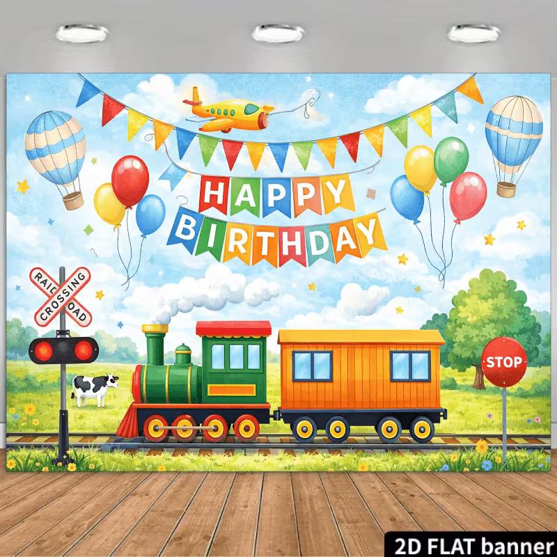 

2D Train Birthday Backdrop Railroad Crossing Cow Photo Booth Background 47.2x31.5inch/120*80cm