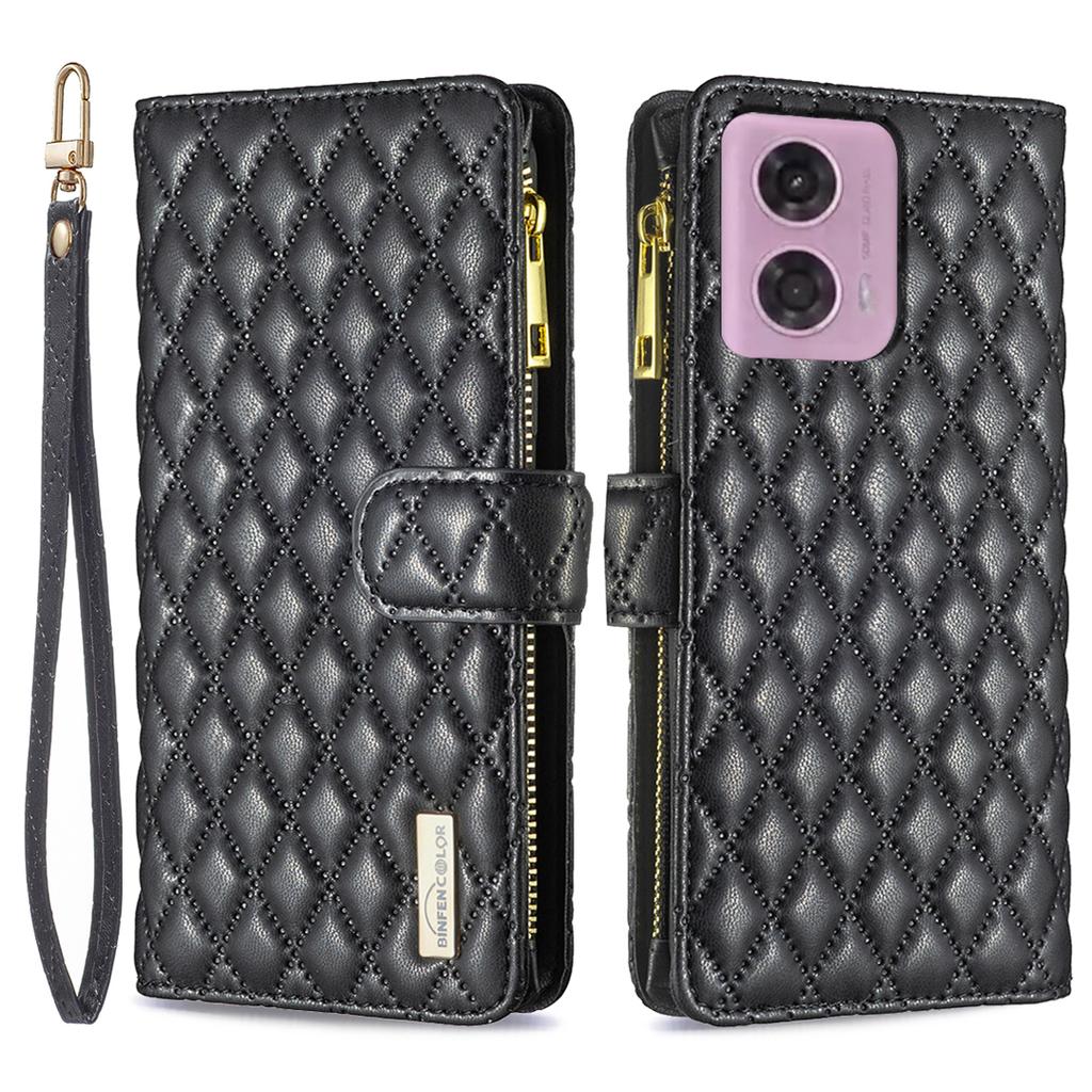 BINFEN COLOR BF Style-15 For Motorola Moto G45 5G/G34 5G Wallet Phone Case Grid Imprinted Cover Zipper Pocket