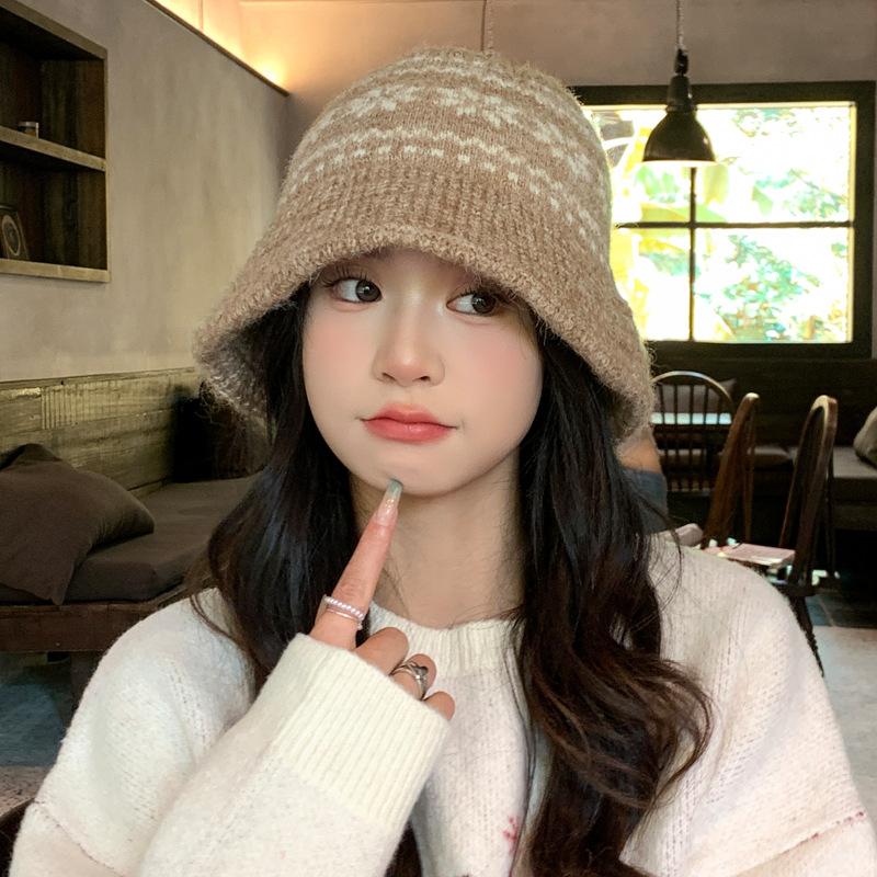 Fleece Thermal Hat Autumn and Winter Hat Women's Retro Bucket Hat Jacquard Knitted Wool Hat