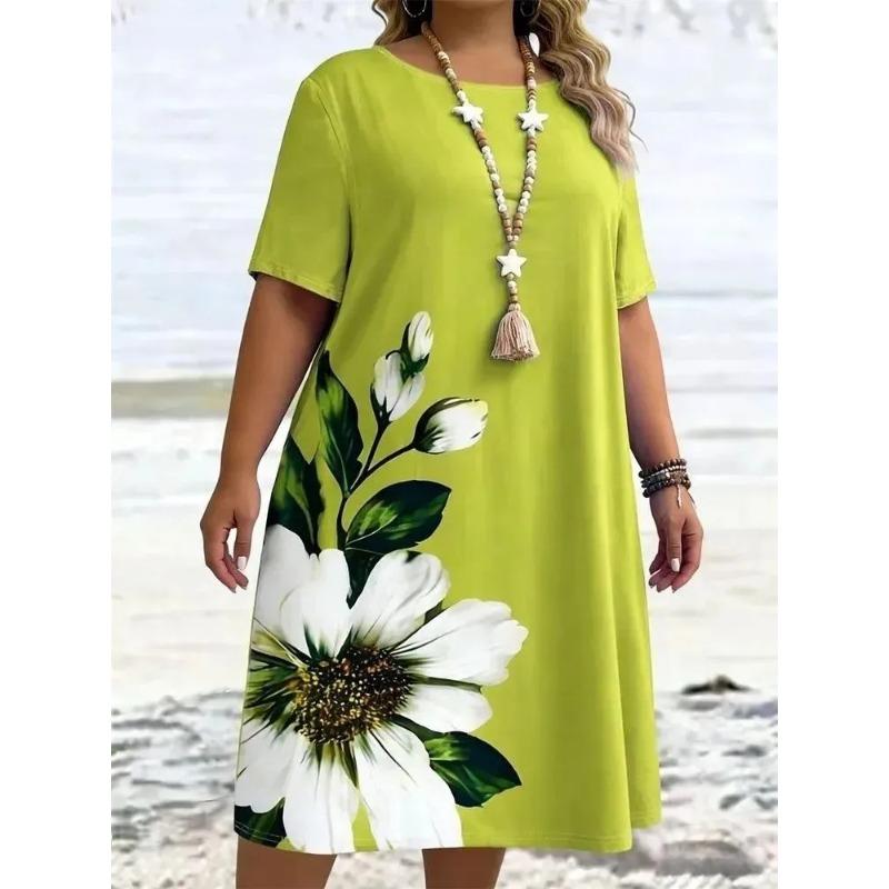 Plus Size Women Summer Midi Dress O Neck Short Sleeve 3D Floral Print Loose Casual Beach Holiday A-line Dresses
