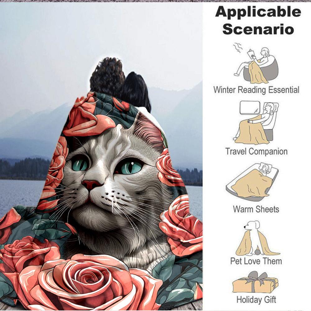 1pc Floral Cat Lightweight Flannel Blanket, Comfortable and Warm Blanket, for Office and Camping Sofa Bed001