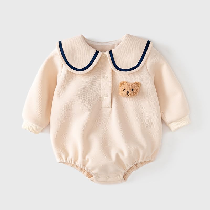 Baby Clothes Clothes Long Sleeve Bodysuit Boys Girls Newborns Baby Preparing for Birth Gift Sailor Style Plain Bear Pattern Beige 12M [Baby koi]