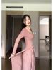 French Pink Knit Tie-Up Dress – Women's High-End Waist-Cinched Long Dress for Autumn/Winter 2025