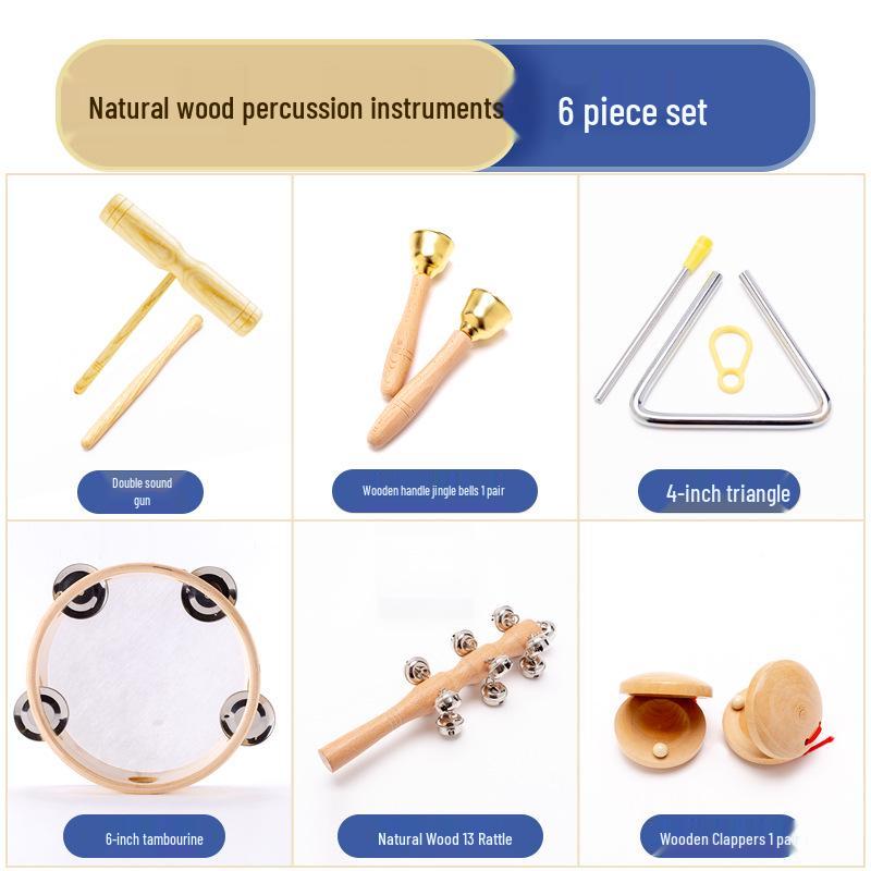Orff Percussion Set: Claves, Castanets, Sand Shakers, Egg Shakers, Wrist Bells, Tambourine, Triangle, and Wood Block.