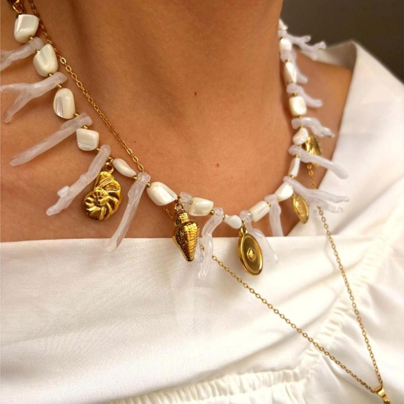 Sea Starfish Coral Shell Beaded Necklace Lightweight Stainless Steel Acrylic Stackable Jewelry For Daily Wear