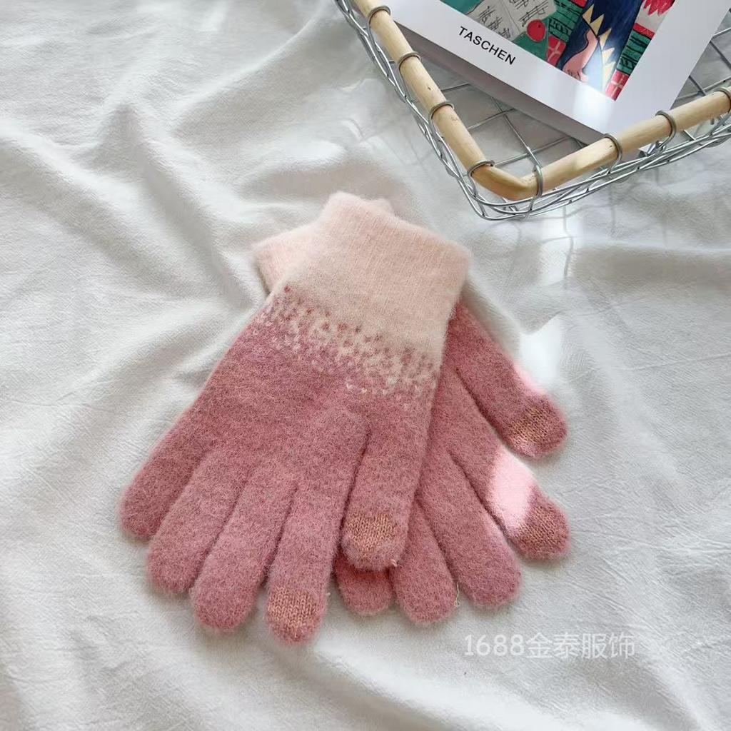 Christmas Wind Five-finger Gloves Cute Girl 25 Winter New Touch Screen Knitted Velvet Thickened Antifreeze Warm Gloves