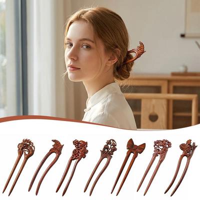 Chinese Style Double Hairpin Wood Carved Wooden Hairpin Hair Accessories Flowers Hair Fork  Women