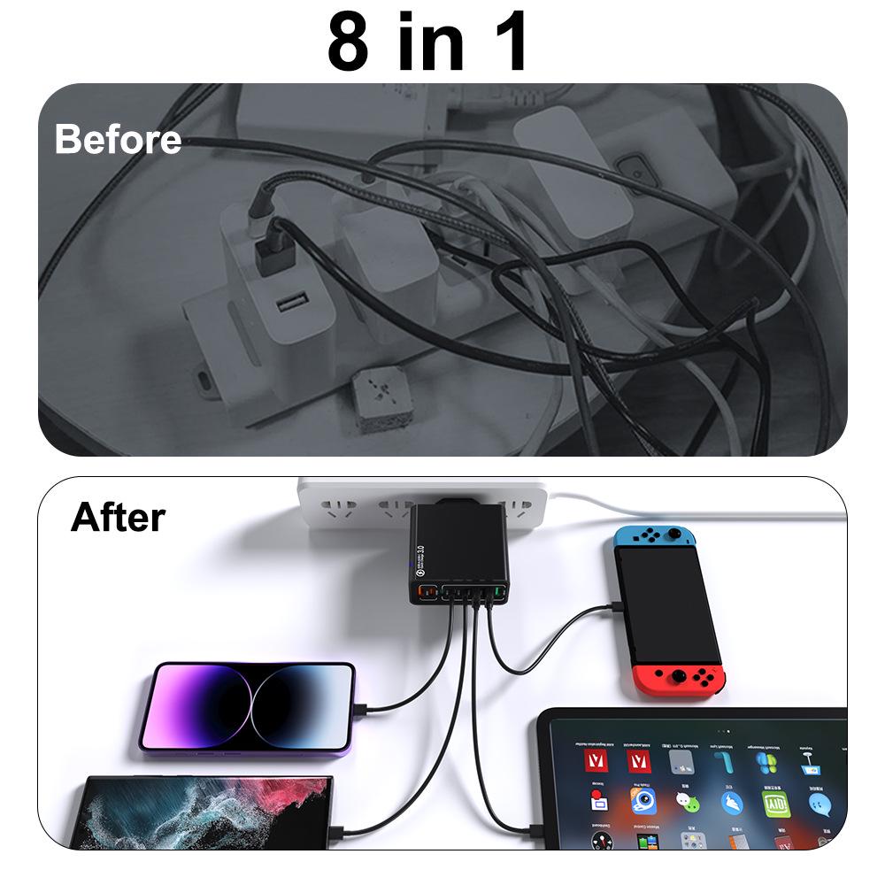 55W 8-Port Fast Charger: 4 USB, 4 PD, QC3.0 Compatible with EU/US/Korean Standards