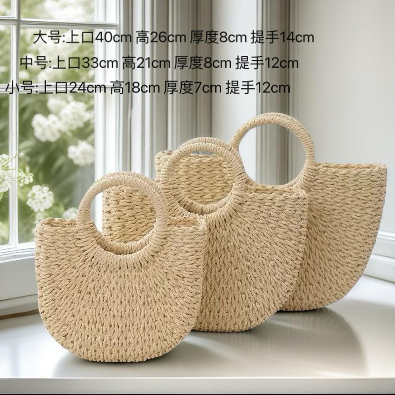 Large Capacity Woven Straw Tote Bag Round Handle Handheld Shoulder Bag Lightweight Beach Bag for Daily Use and Travel