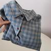 Women's Blue-Gray Plaid Brushed Shirt Jacket - Casual, Versatile Autumn/Winter Layer with High-End Feel