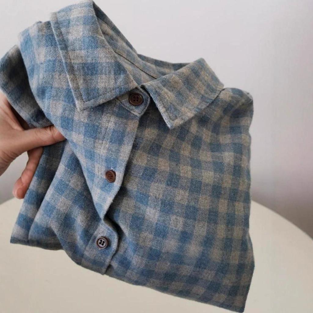 Women's Blue-Gray Plaid Brushed Shirt Jacket - Casual, Versatile Autumn/Winter Layer with High-End Feel