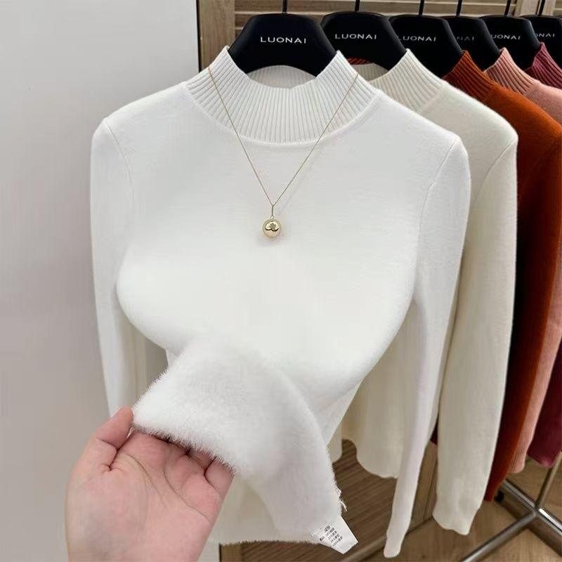 

Цельный флисовый свитер для женщин, пуловер с полувысоким воротником, вязаный топ для женщин с добавлением флиса и утолщением, на осень и зиму 2XL белый