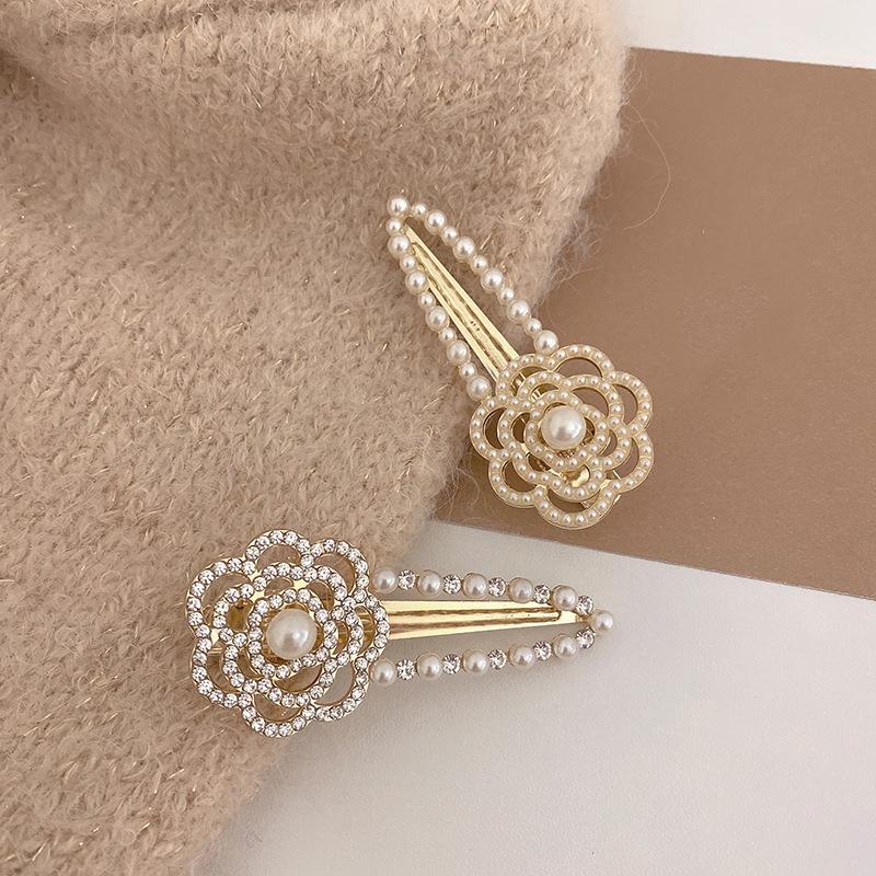 Korean Style Pearl Rhinestone Camellia Hair Clip Pearl Side Duck Beak Clip Women's Broken Bangs Clip Hair Accessories