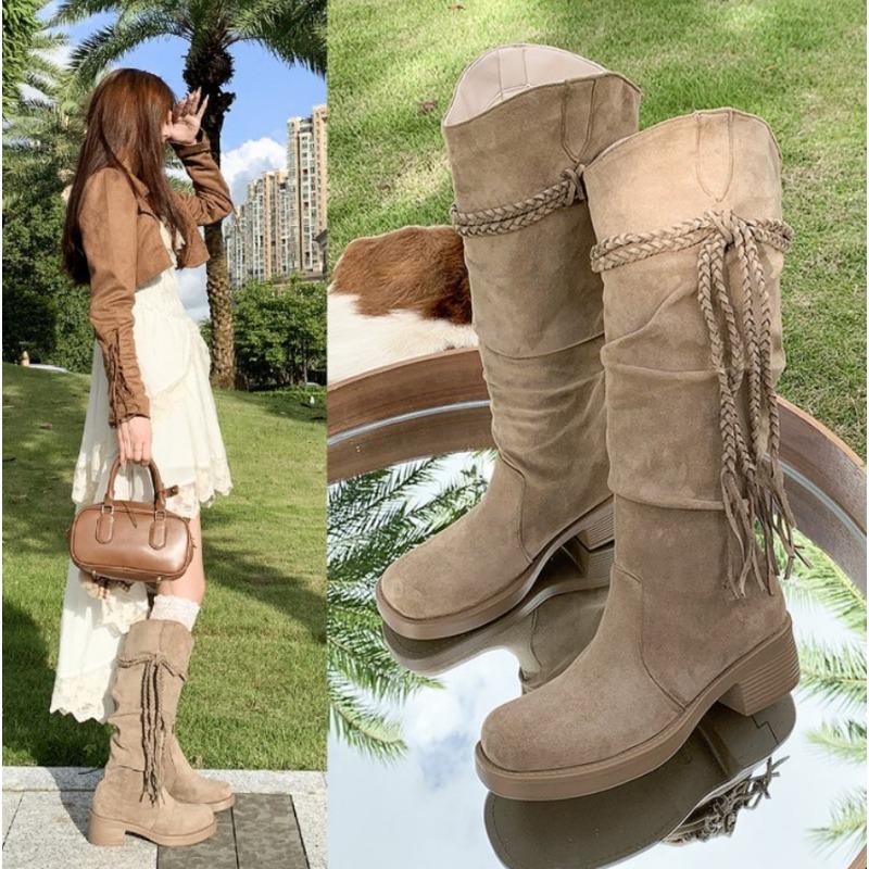 Fashion Retro Pleated Stack Boots Women's Fall New Round Toe Suede Cover Thick Heel Shoes Woven Strap Non-slip Block Heel Mid-leg Boots