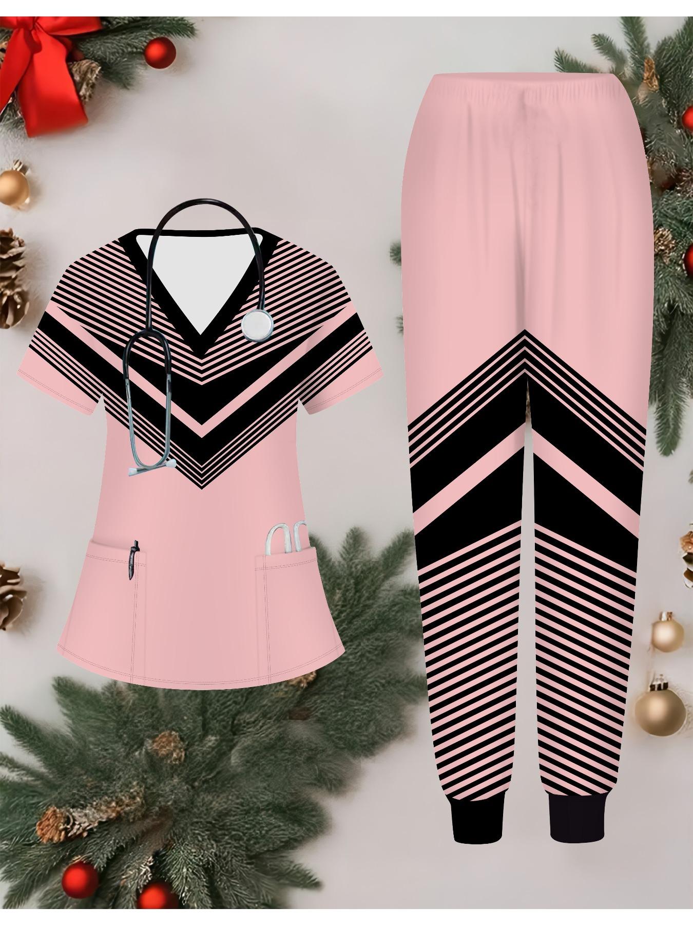 

Женский комплект медсестры с 3D геометрическим принтом, короткий рукав, длинные брюки с карманом, повседневный модный рождественский подарок XXL розовый
