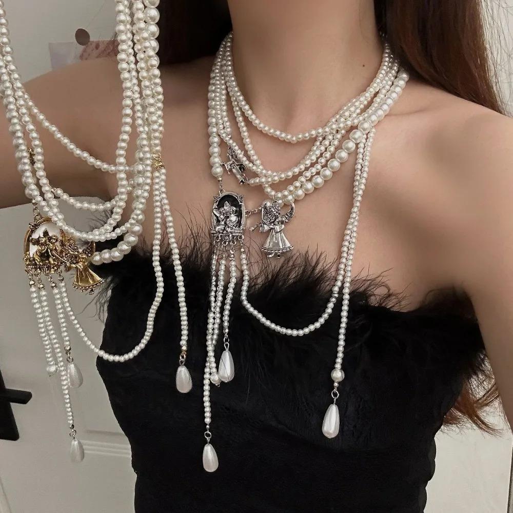 Temperament Angel Queen Multi-layer Layering Fold Wear Teardrop-shaped Tassel Imitation Pearl Beaded Necklace for Women Jewelry