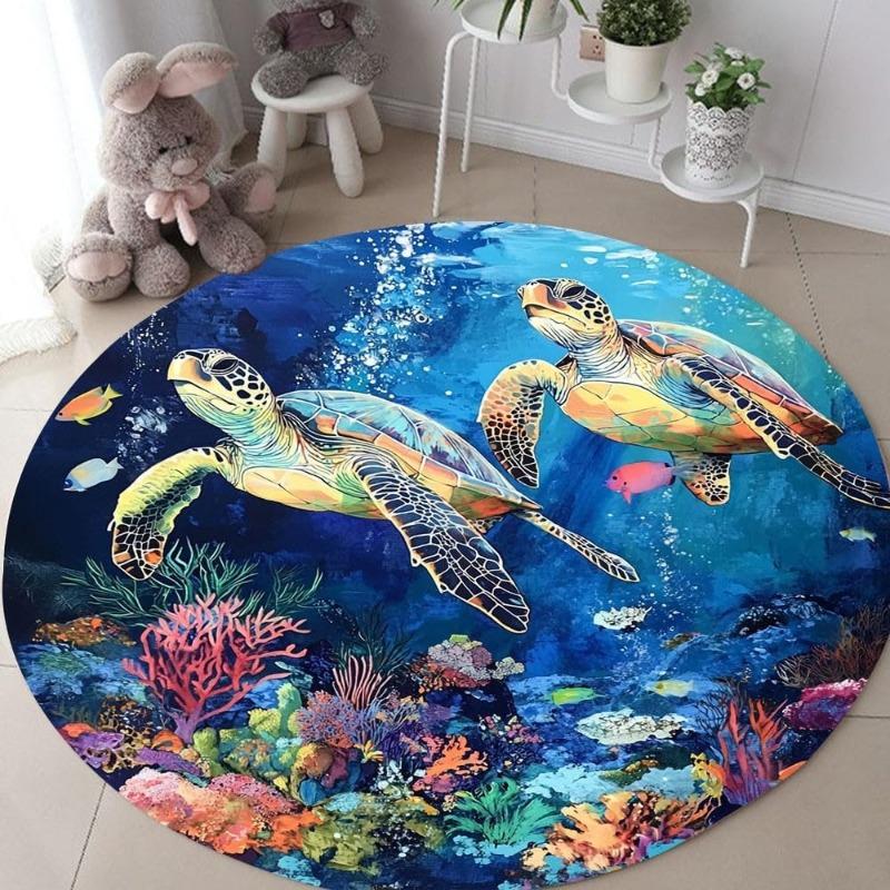 Underwater World Round Rug Sea Turtles Corals Fish Print Floormat Non-slip Absorbent Home Decor Carpet for Kids Room Living Room