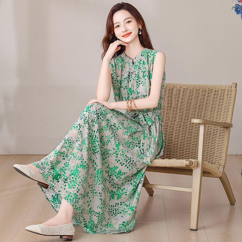 Elegant Floral Print Plus Size Dress for Middle Aged Women Summer Cotton Long Dress