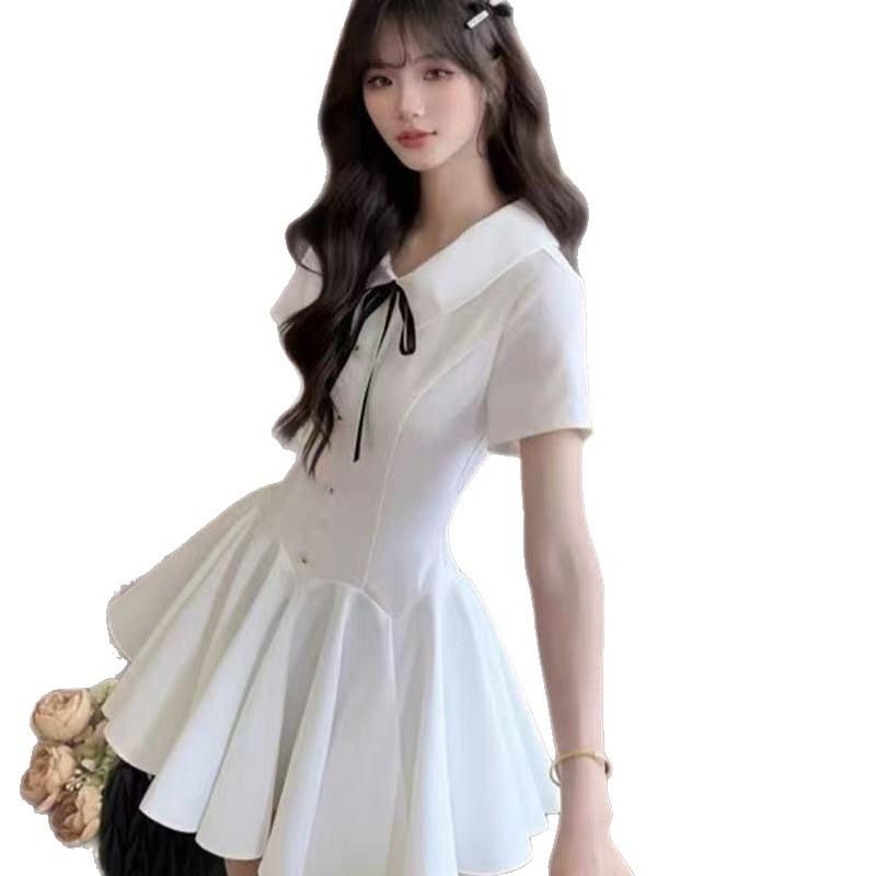 Gentle college style white dress bow doll collar women summer beautiful A word pleated short skirt small man