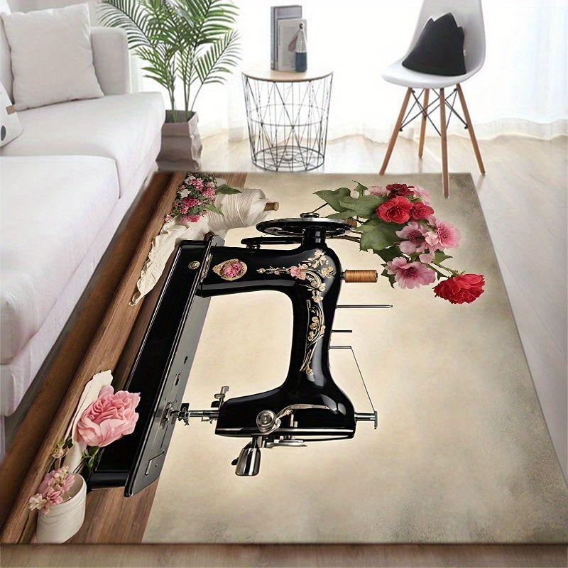Vintage Sewing Machine Design Area Rug Non-Slip Flannel Carpet for Home Office Living Room Bedroom Decor Floor Mat