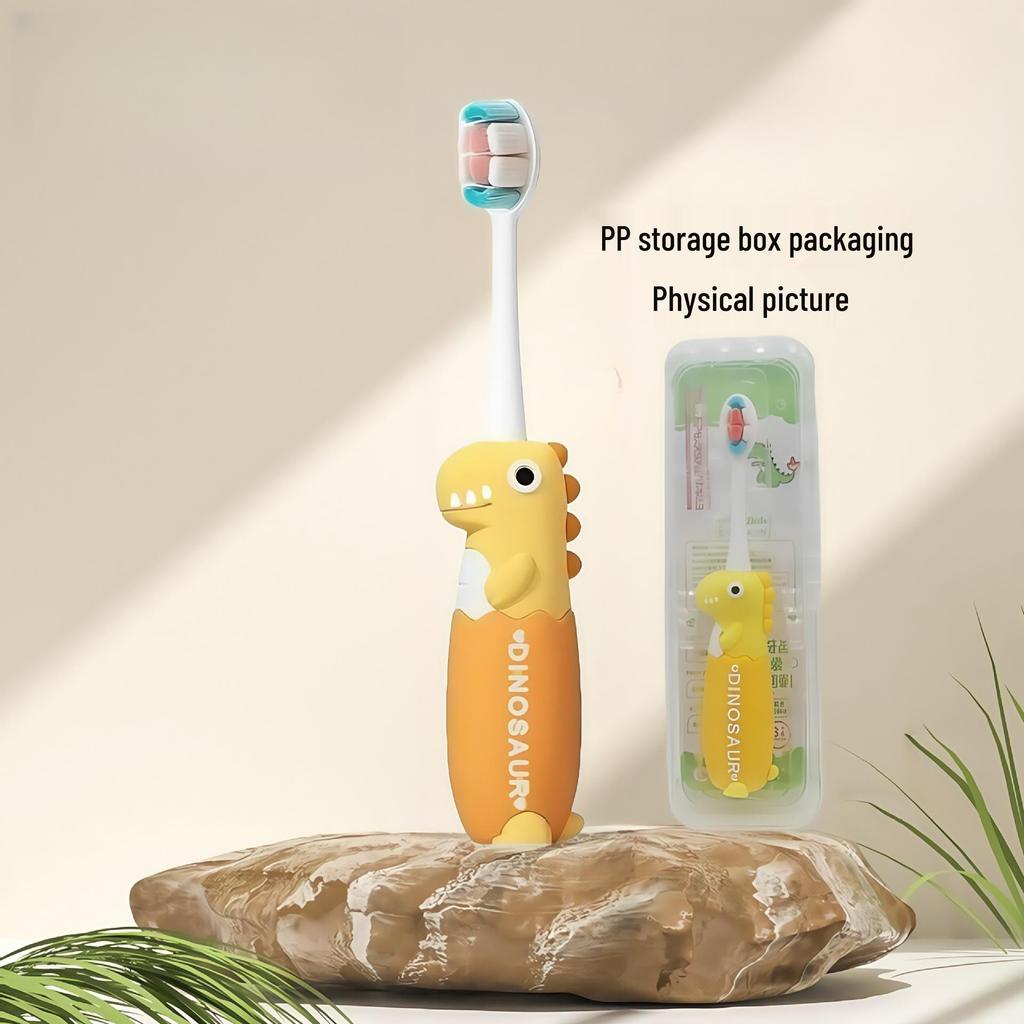 Children's Cartoon Dinosaur Toothbrush, Ages 3-12, with Cute Non-slip Handle & Soft Bristles for Gentle Oral Care