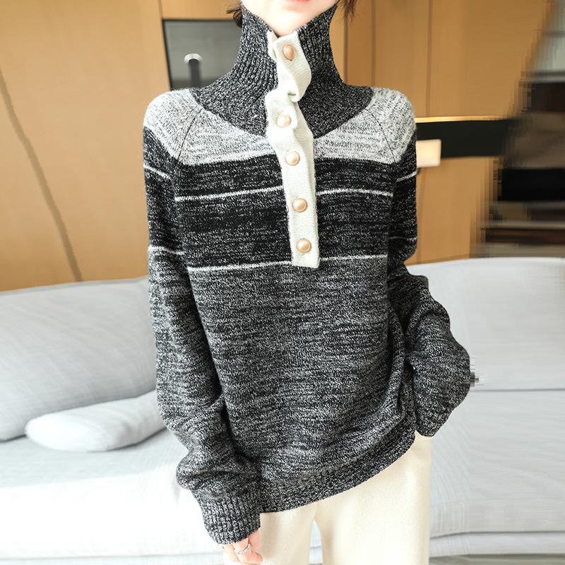 2025 Autumn/Winter Women's Elegant Soft Wool Lapel Sweater - 3-Ply Thick, Loose Fit, Slimming Design