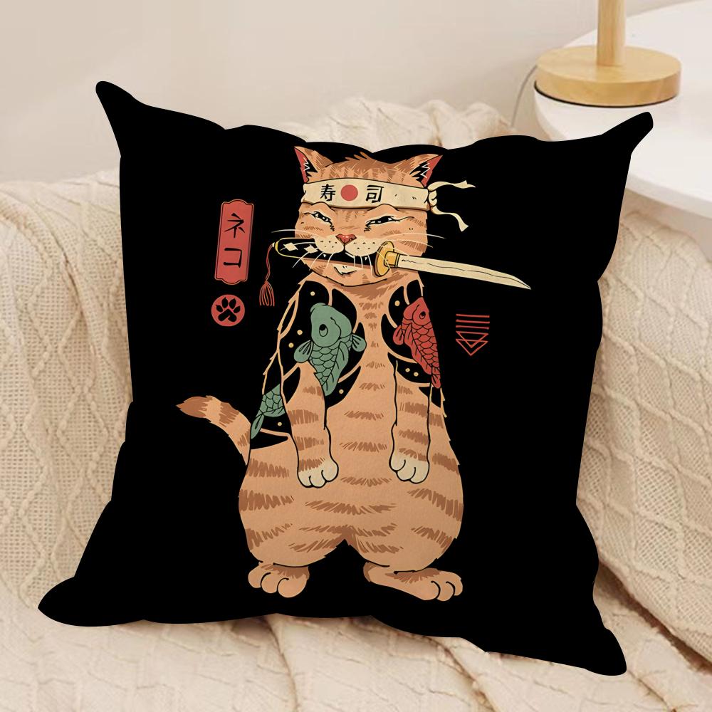 Japanese Style Samurai Cat Cushion Cover Silky Short Plush Invisible Zipper Dustproof Sofa Pillow Case for Home Decor