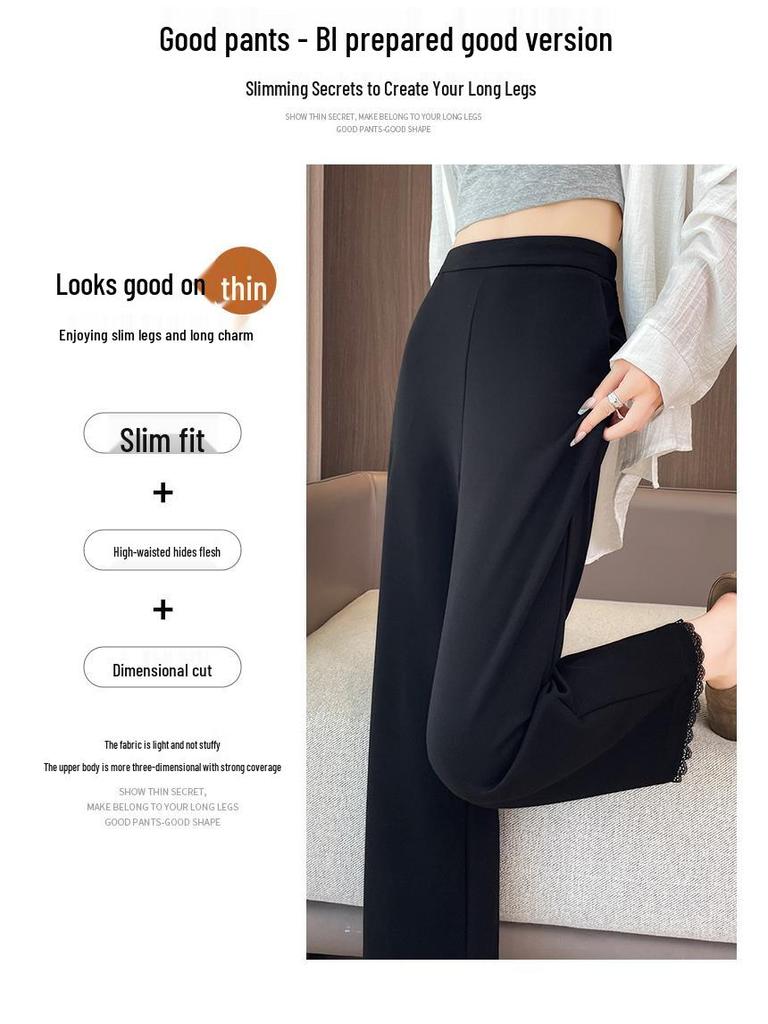 Korean Style High Waist Slimming Lace Trim Wide-Leg Pants for Women - Spring/Autumn Casual Nine-Point Length