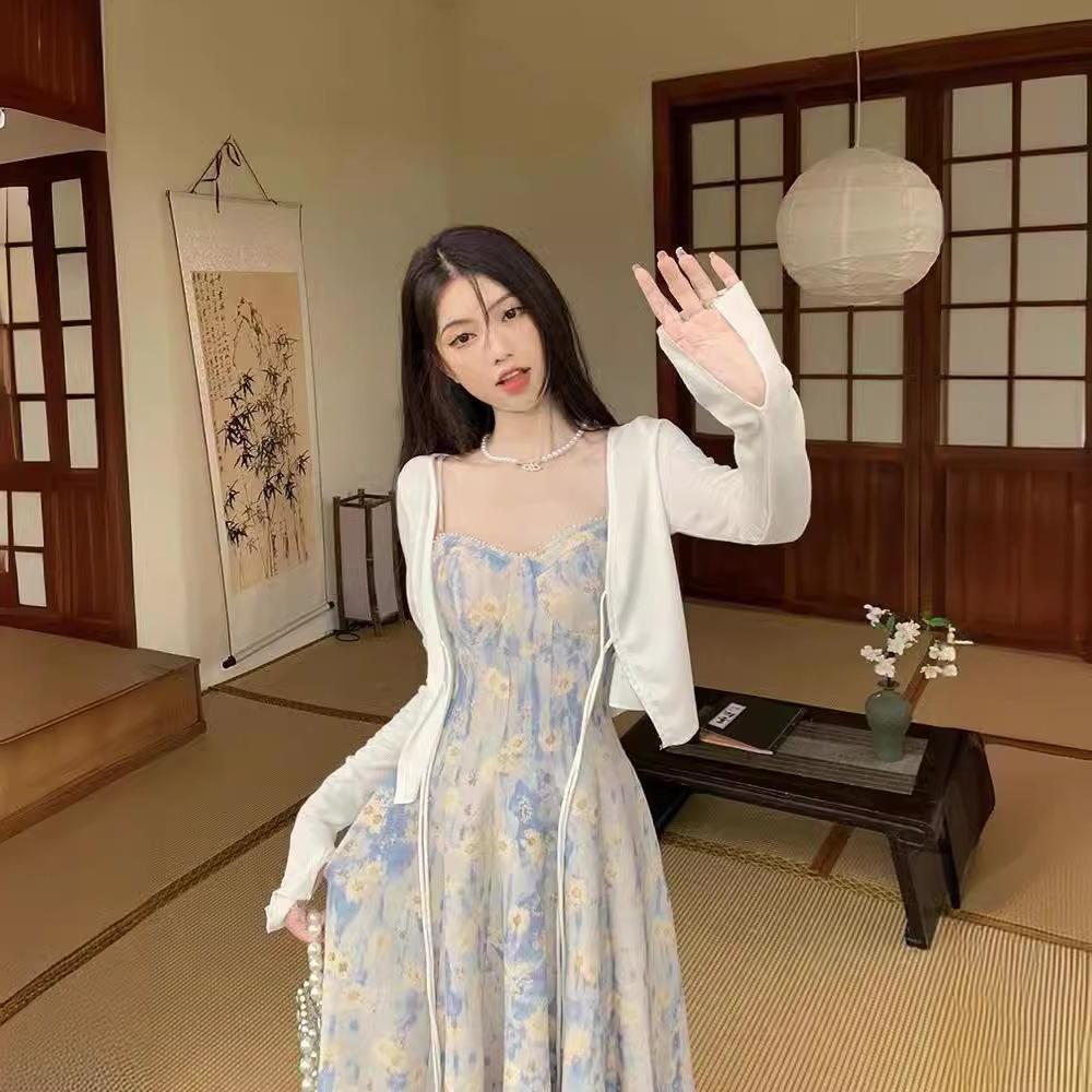 French blue oil painting floral suspender dress female summer 2026 new waist fairy texture long dress