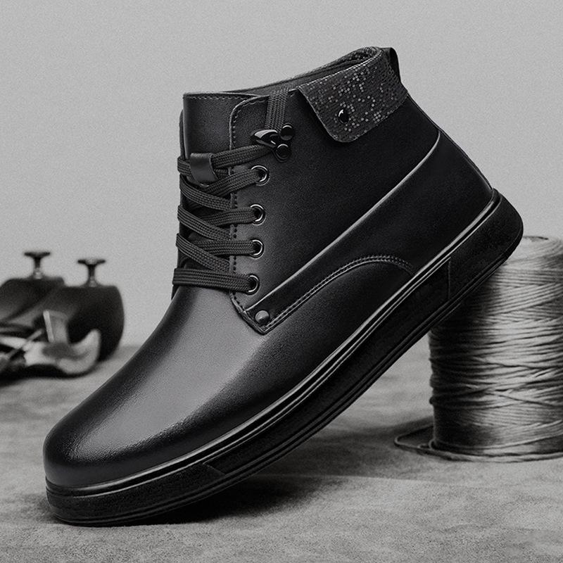 Men's High-Top Leather Martin Boots with Thick Sole & Warm Velvet, Mid-Calf Versatile Winter Shoes