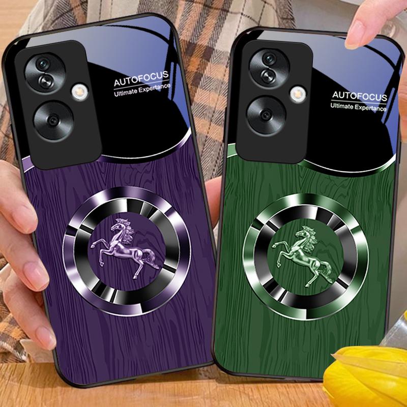 Wood Grain Horse Blue For Oppo A79 5G 58 78 74 60 4G Reno 11F Realme GT 6 11 Note 50 10 C55 X2 Tempered Glass Black Phone Case