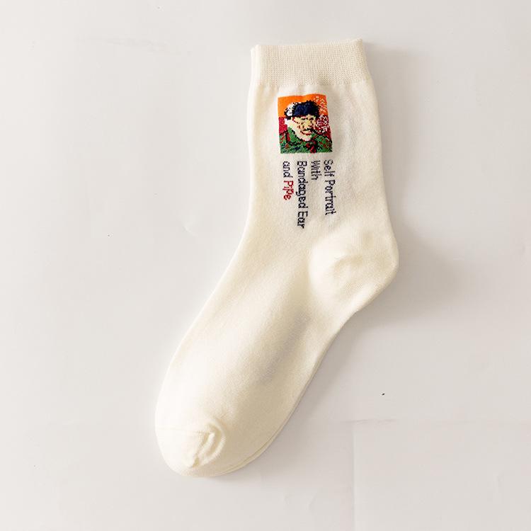 Women's Mid-Calf Cotton Socks: European & American Famous Painting Cartoon Design - Perfect for Autumn/Winter Casual or Sports Wear.