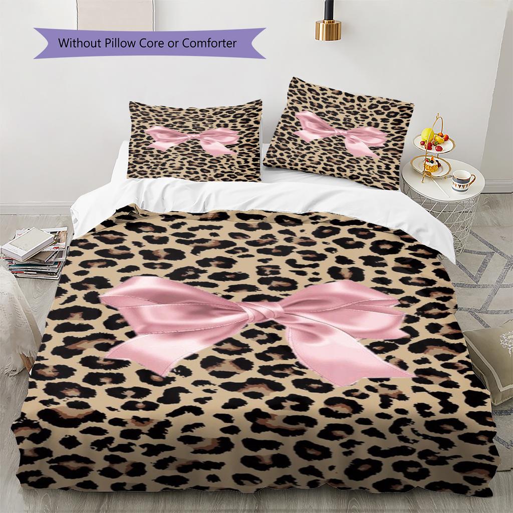 Leopard Bow Pattern Bedding Quilt Set Quilt Cover Pillowcase Home Decoration Gift (1 * duvet cover + 2 * pillowcase, without core)