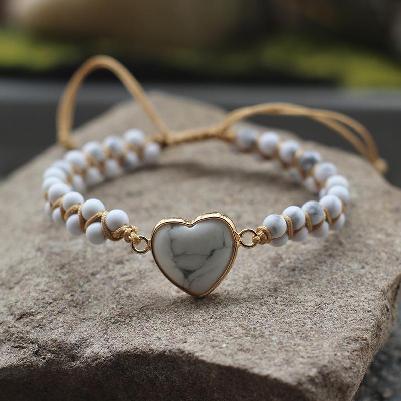 Bohemian Red Heart-Shaped Redwood Stone Double-Layer Woven Women's Bracelet