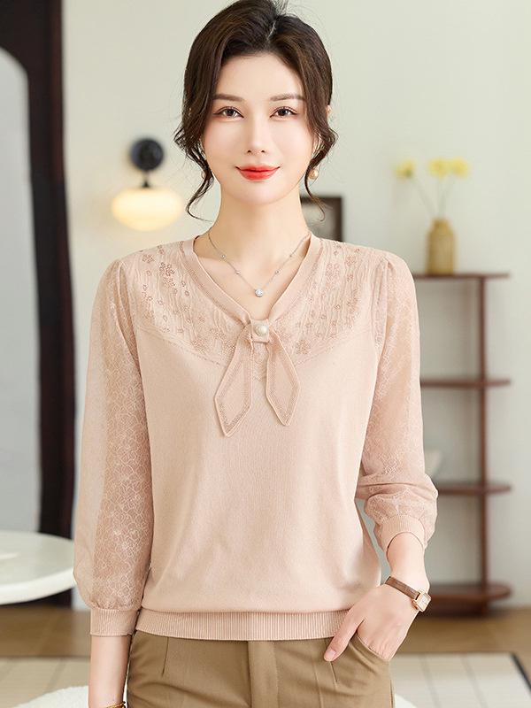 Spring V-neck Knit Top with Gauze Sleeves for Middle-aged and Elderly Women, Long-sleeved, Stylish, Age-Reducing Base Layer Set