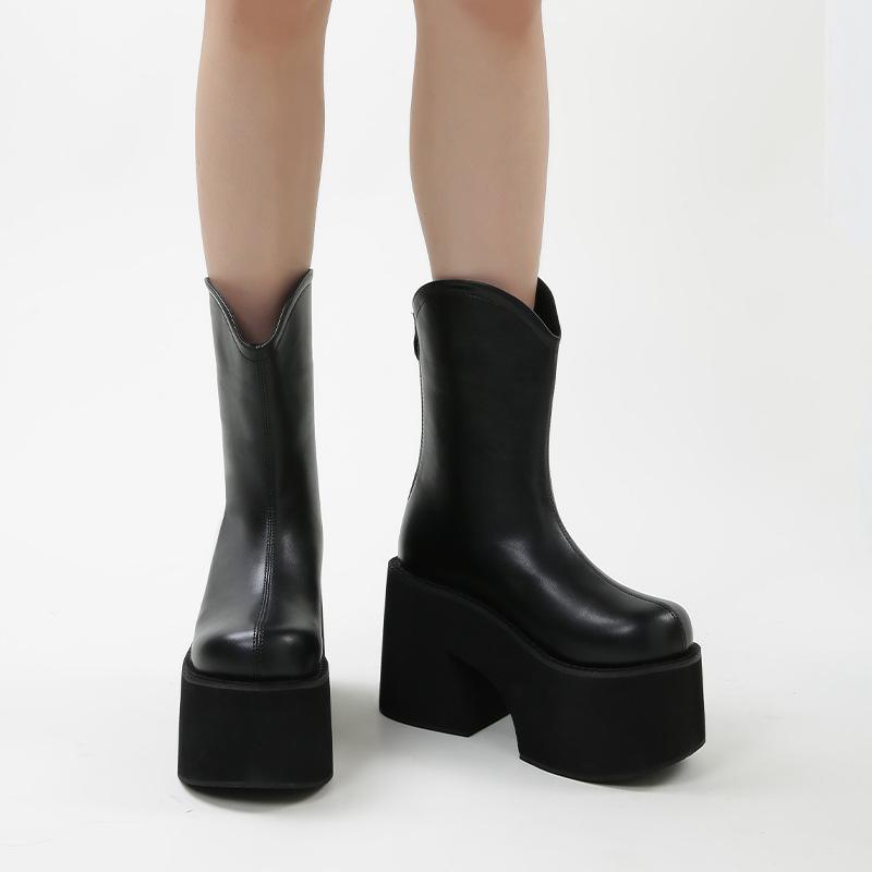 Round Ankle Boots Autumn Comfortable Soft Leather High Heel Boots Women's Fashion Zipper Simple Temperament Women's Shoes