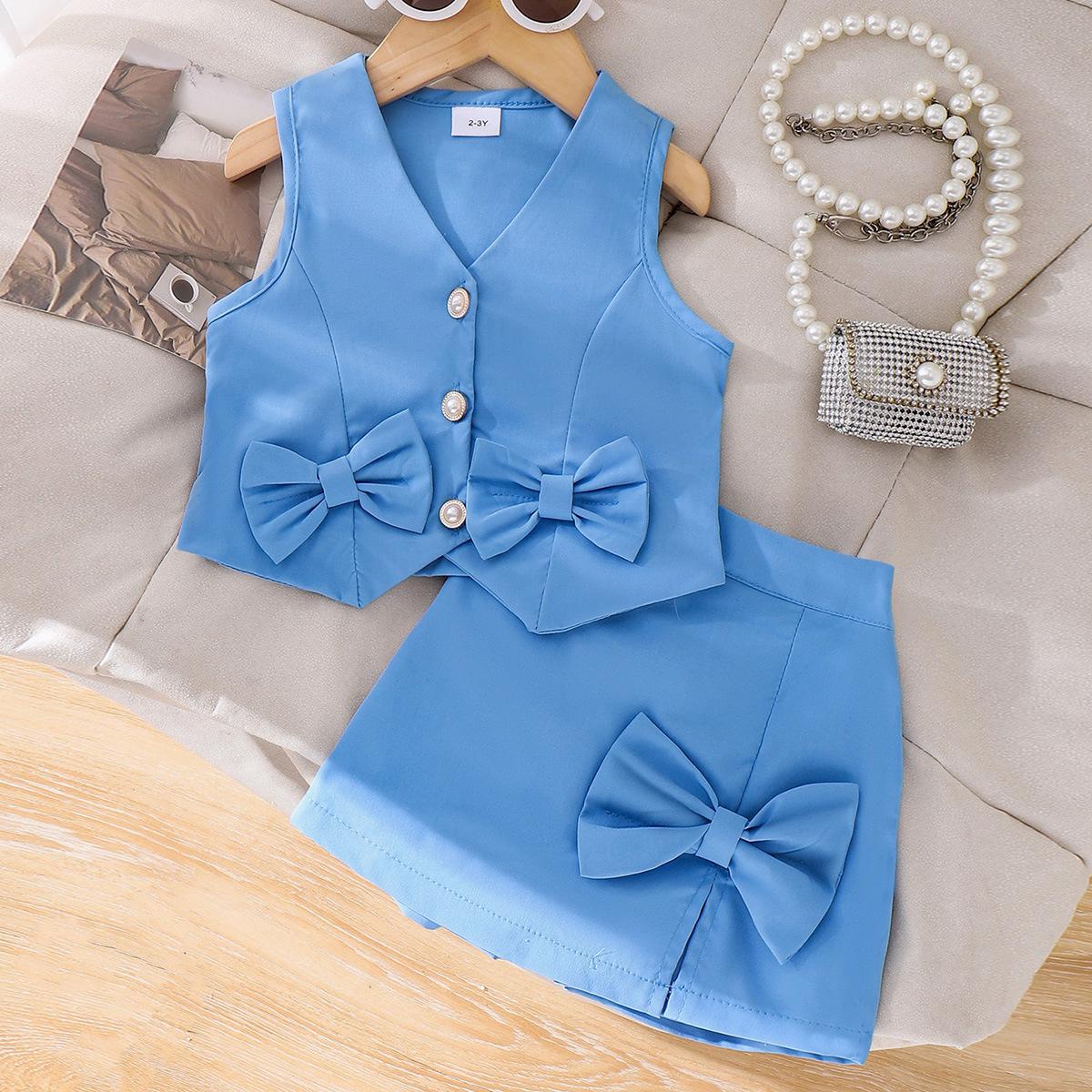 

Girls Fashionable Blue Outfit - Summer Children s Princess Blazer, Full-skirted Dress Set 2-3Y синий