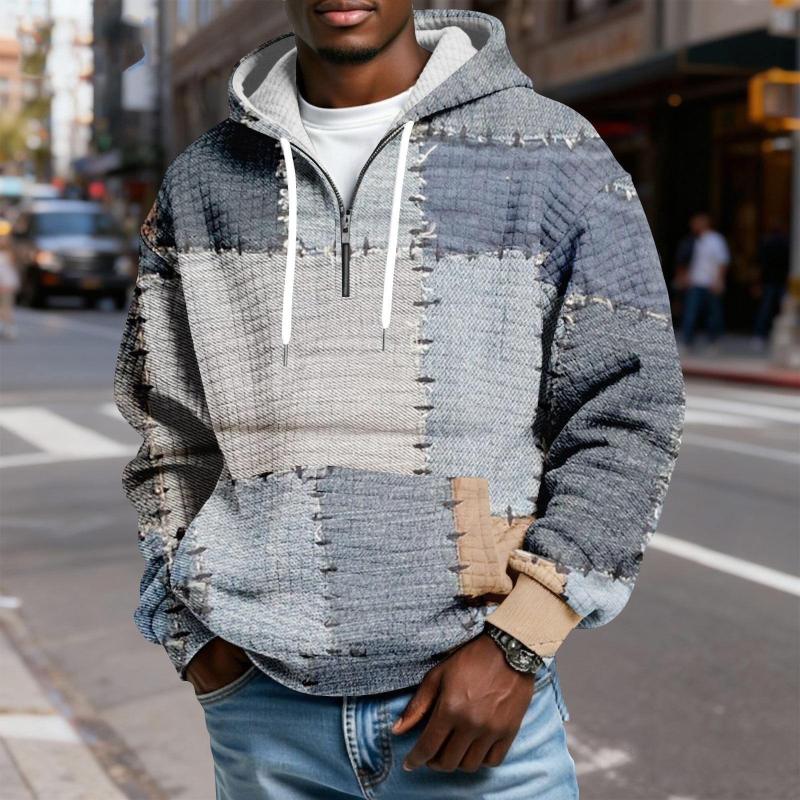 

Men s Half-Zip Hooded Plaid Pullover Drawstring Print Casual Sports Sweatshirt XL