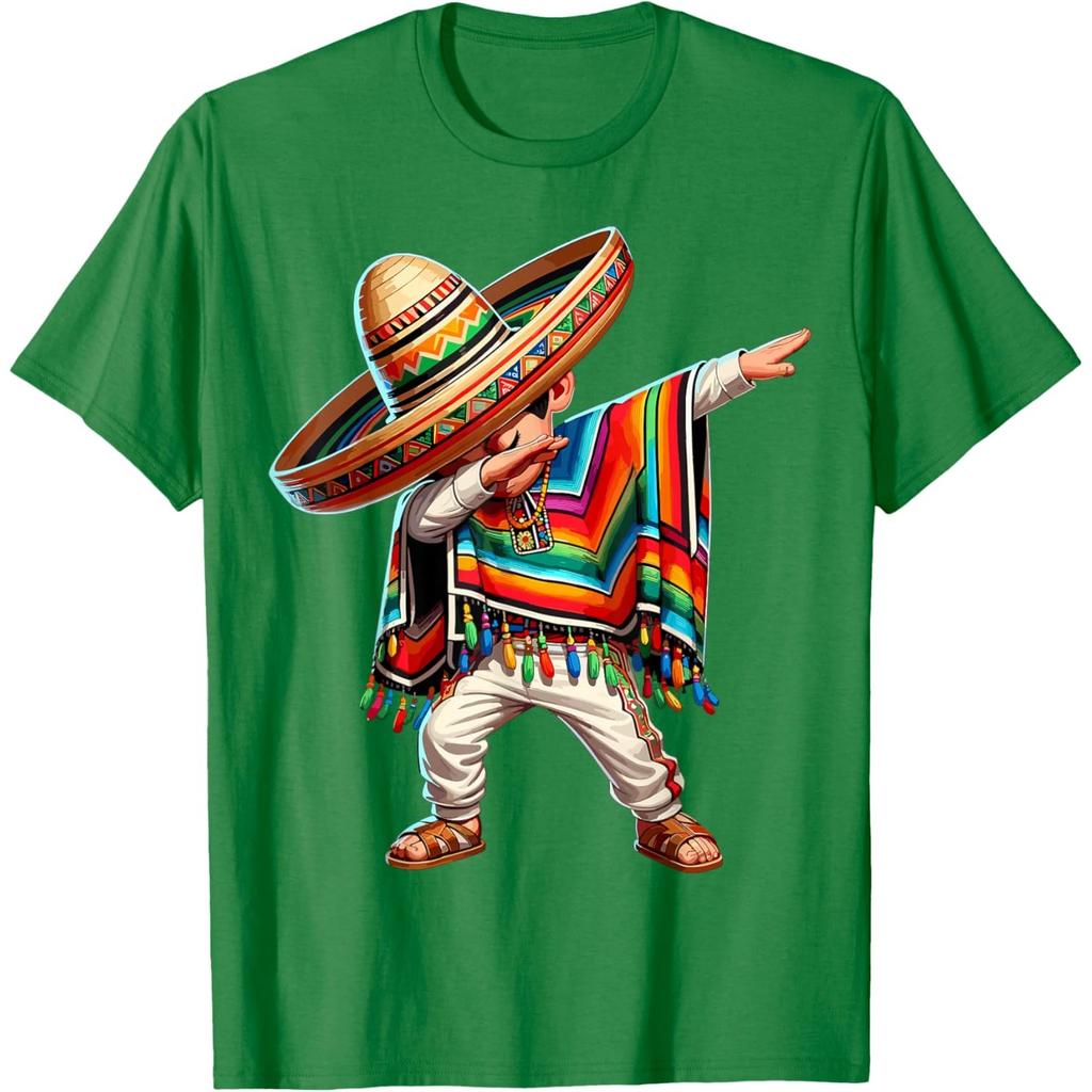 Mexican Boy Dabbing Poncho Sombrero Graphic Tee Cinco de Mayo Casual Cotton T-Shirt