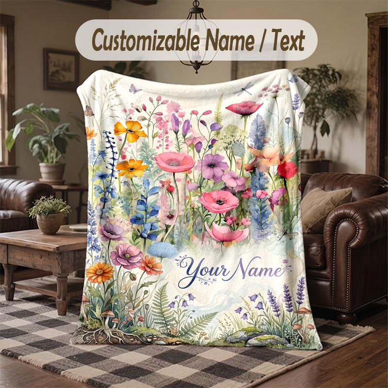 Floral Fantasy Garden 3 Theme Throw Blanket Custom Name Text Personalized Blanket Soft Cozy Blanket for Home Sofa Bed